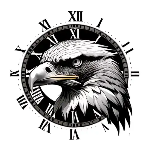 Eagle Face Aside With A Clock With Roman Numbers In The Background