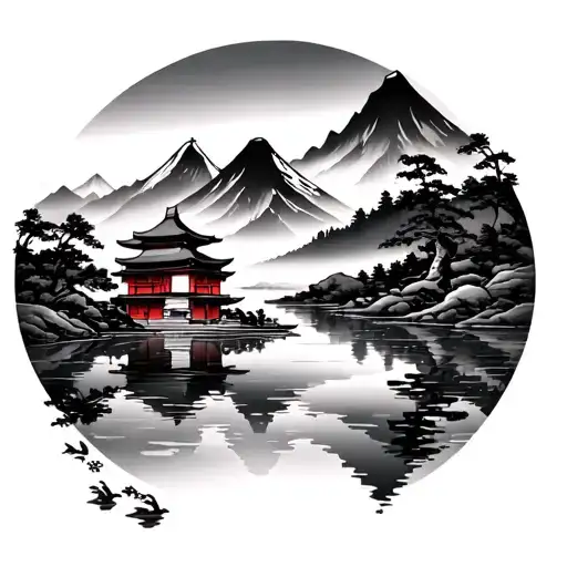 Japense Temple And Mountain Lake Scene
