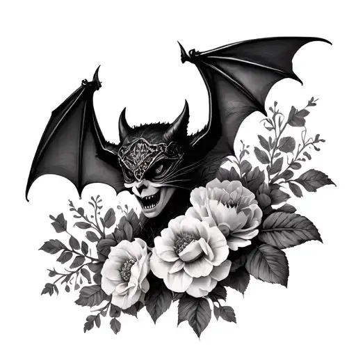 Goth Vampire Bat With Lace And Flowers Blooming