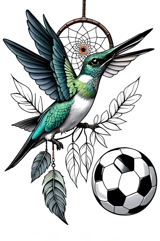 Hummingbird Carrying Dreamcatcher In It's Feet Underneath A Soccer