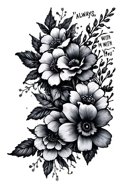 Back Spine Tattoo With I'm Always With You In Flowers In The Background
