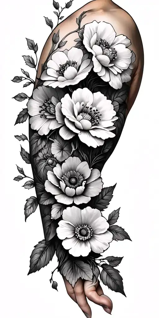 Tattoo Sleeve Of 7 Flowers Wrapped Around The Arm With Vines And Leaves Connecting All The Flowers