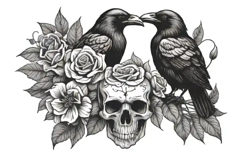 Crow And Skull With Flower And Leaves