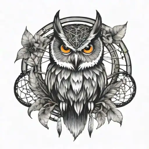 Fierce Owl With Dreamcatcher Intertwined