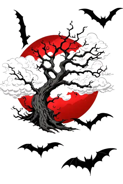 Poison Tree Red Moon In The Background Flying Bats And Clouds