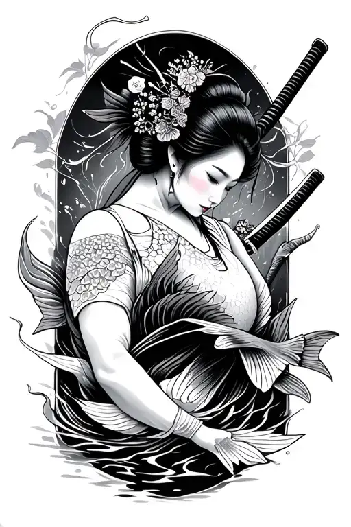 Geisha Holding A Katana Koi Fish Swimming Upstream