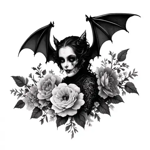 Goth Vampire Bat With Lace And Flowers Blooming
