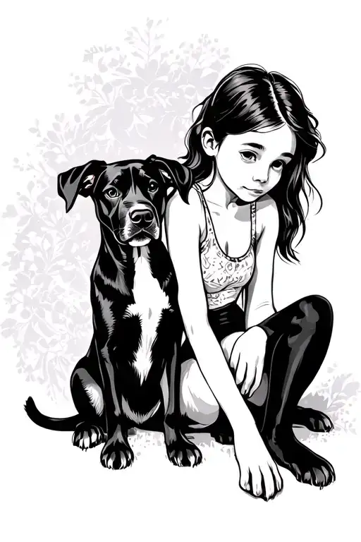 Girl And Dog Sitting Side By Side