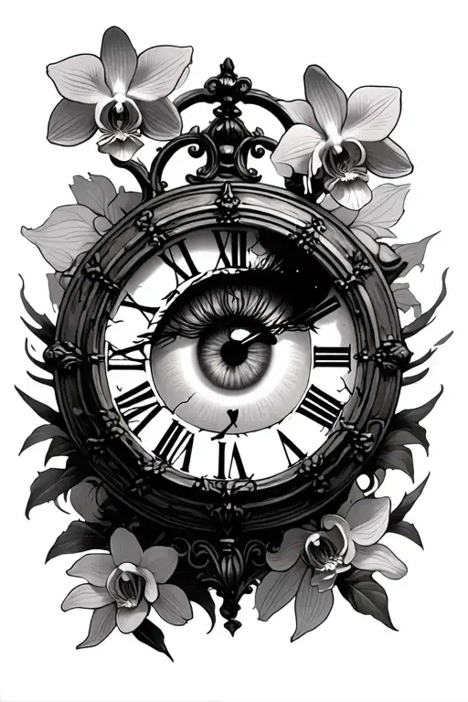 Old Damaged Roman Numeral Clock With An Eye In The Middle With Orchids In The Background