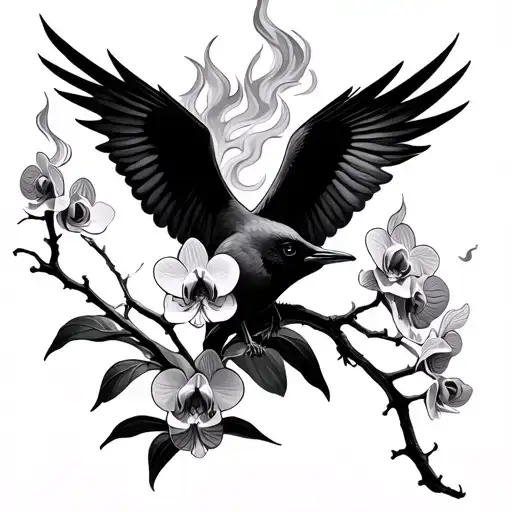 Orchid Branch With Pehonix Bird Flying Fire