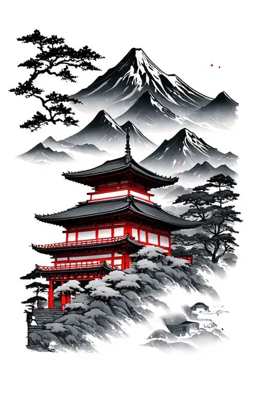 Japanese Temple And Mountain Scene High Detail