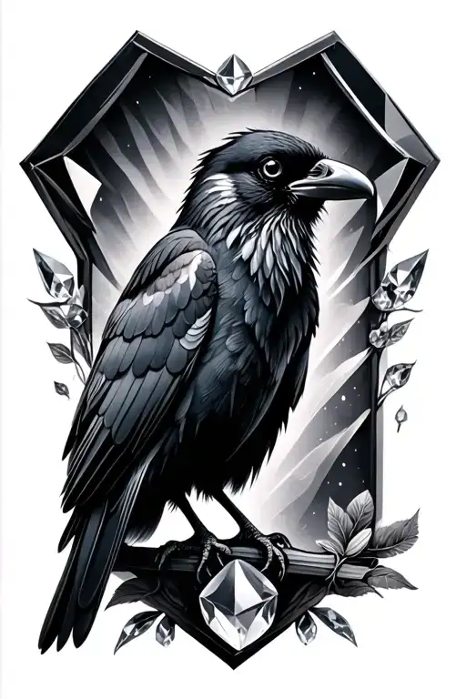 Black And Grey Hyper-realistic Style Raven Perched With Jewelled Background