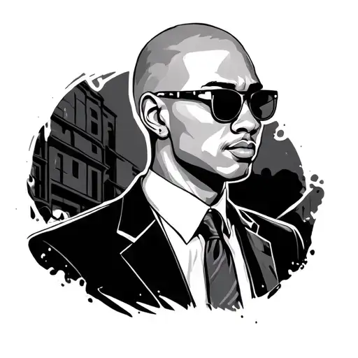 Bald Young Guy In Sunglasses And Business Suit