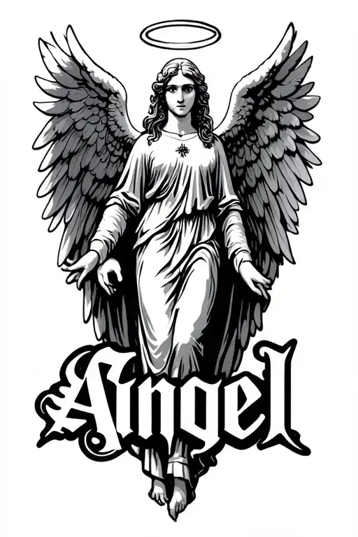 Angel In A Fancy Font With Angel Wings On Both Sides And A Halo Over The A