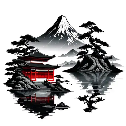 Japense Temple And Mountain Lake Scene