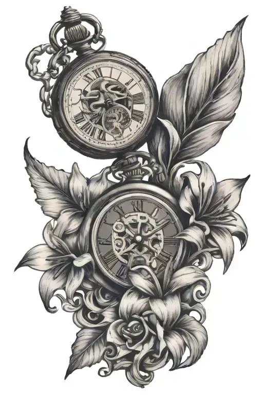 Broken Pocket Watch With Lillies Growing Out W A Lock To Show Evolution To Breaking A Loop