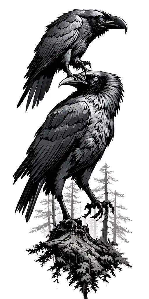 Forest Scene With A Giant Raven On Top