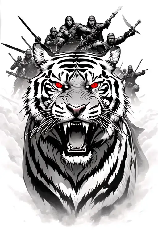 Angry Tiger With Red Eyes Surrounded By Warriors Riding Into Battle