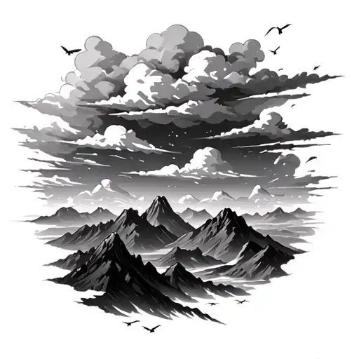 Sideways Storm Clouds Over A Mountain Range With Birds Flying Away