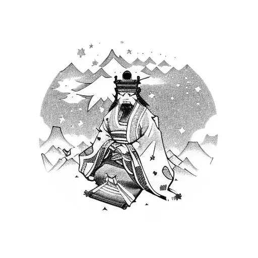 A Mystical Japanese King Camping Under A Starry Sky Surrounded By Symbols Of Life And Death