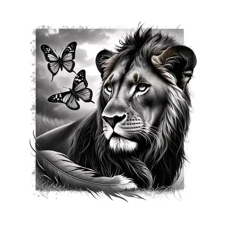 Lioness And Two Butterflies In Feather Outline
