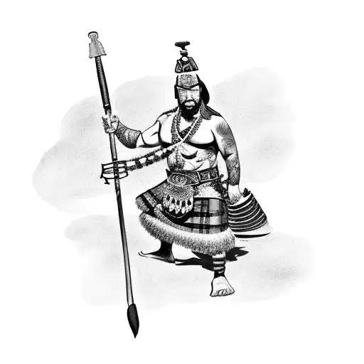 Hawaiian Tiki Wearing A Scottish Kilt Holding A Spear