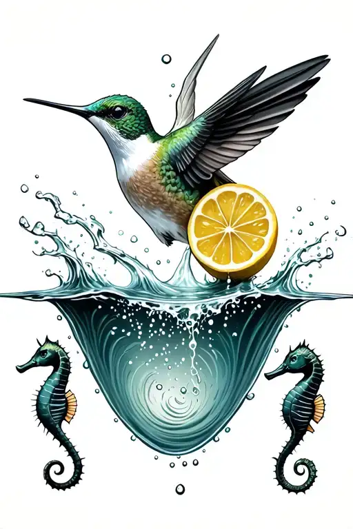 Hummingbird With A Lemon Wedge Body Squeezing Drops Of Lemon Juice Into An Ocean With 3 Seahorses