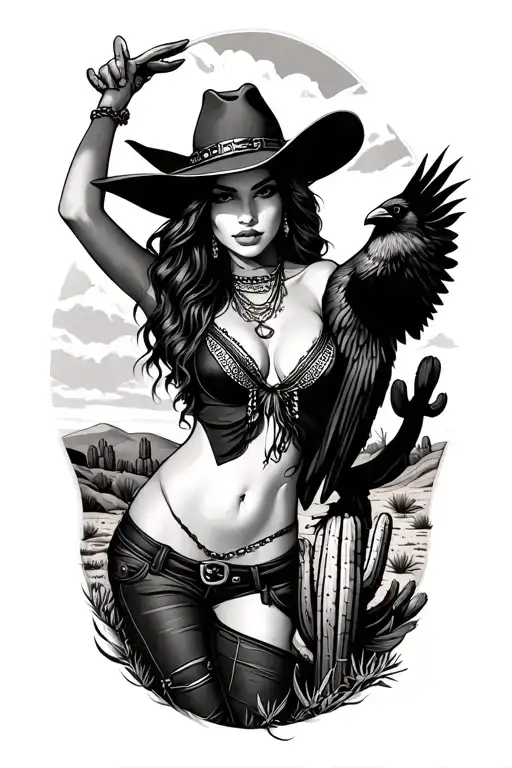 Sexy Cowgirlin Desert With Cactus And Raven