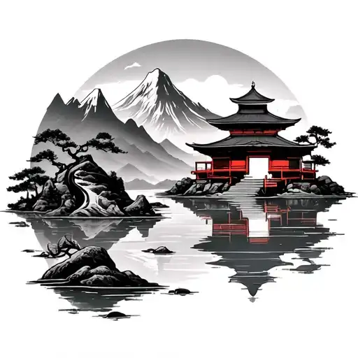 Japense Temple And Mountain Lake Scene