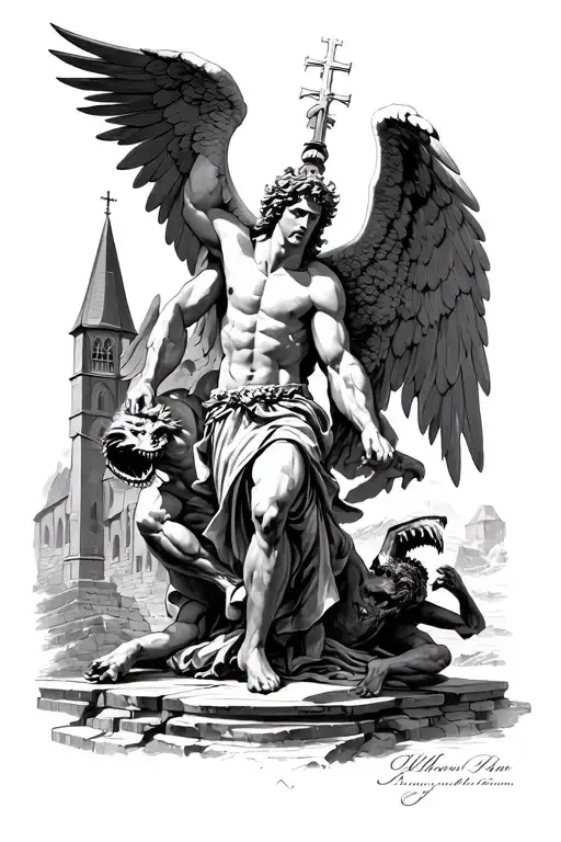 Archangel Michael Defeating Demon With Church Behind Him