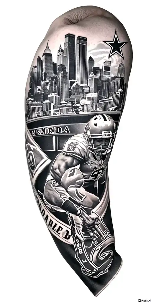 Sleeve Tatto With Mendoza Amd Dallas Cowboys And City Of Dallas