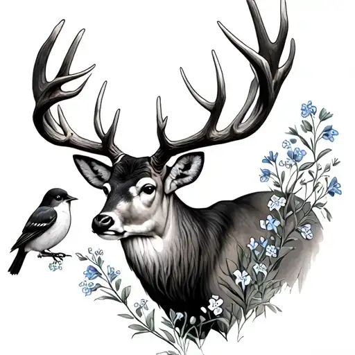 Buck Head With Little Bird On His Antler And The Bird Is Holding Forget Me Nots In Its Beak