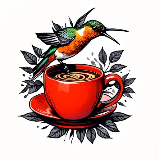 A Red Coffee Mug With A Orange Humming Bird Sitting Drinking Coffe
