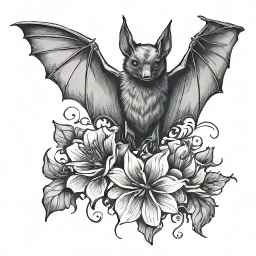 Bat Hanging And Flowers Growing