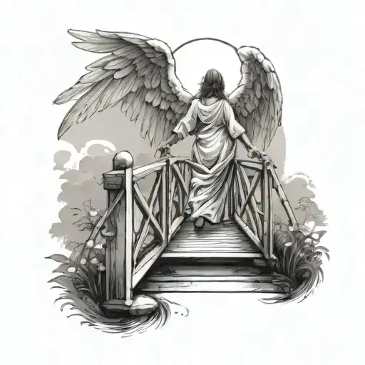Angel Walking On A Small Bridge With Children An Brigth Sunrays