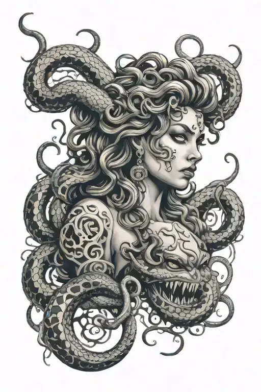 Medusa With Grills And Snakes Wrapping Around Leg Sleeve