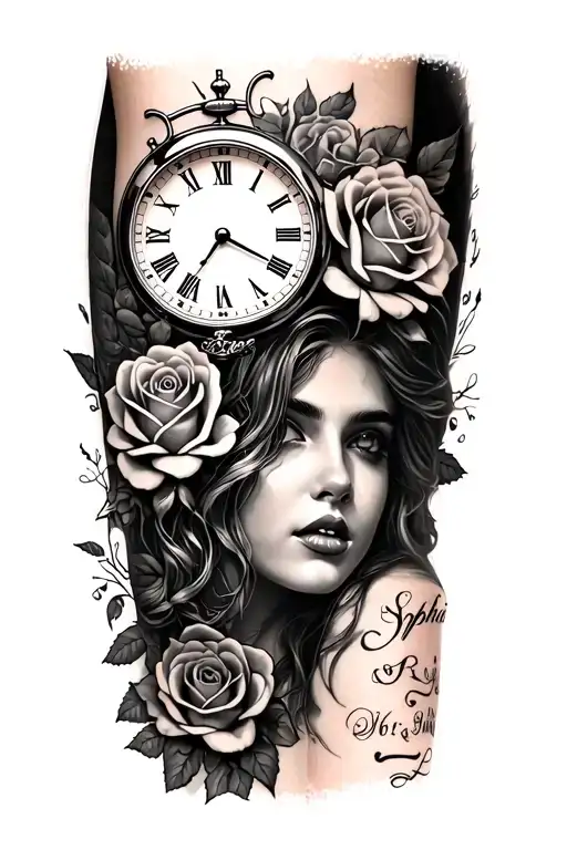Sophia In Script Letters Going Down The Back Of My Forearm With Rose's And A Clock