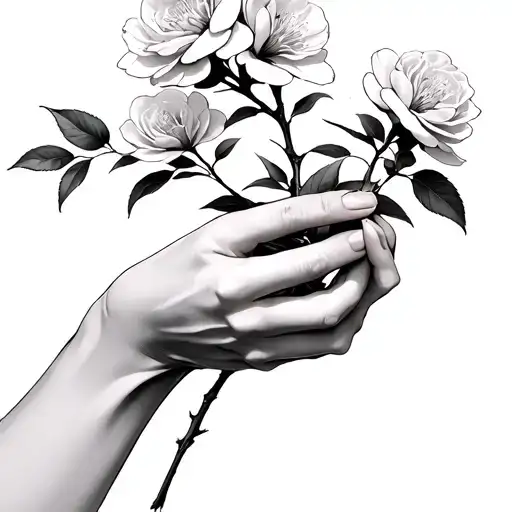 Hands Holding A Rose Stem Blooming Cherry Blossom