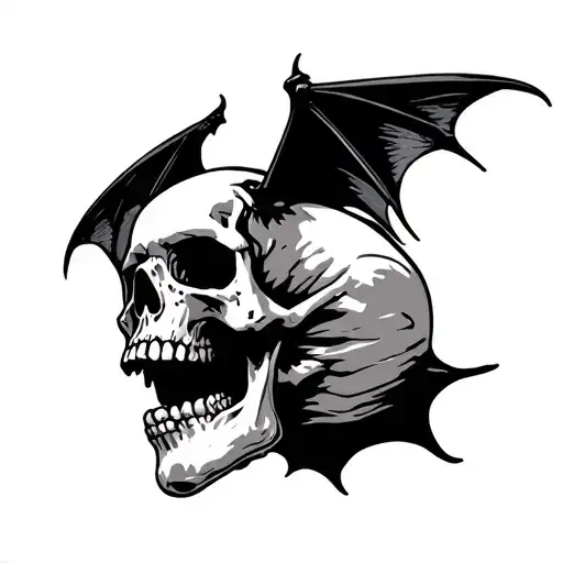 Skull With Bat Wings One Wing Closed