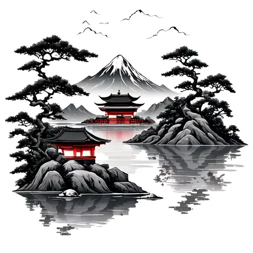 Japense Temple And Mountain Lake Scene