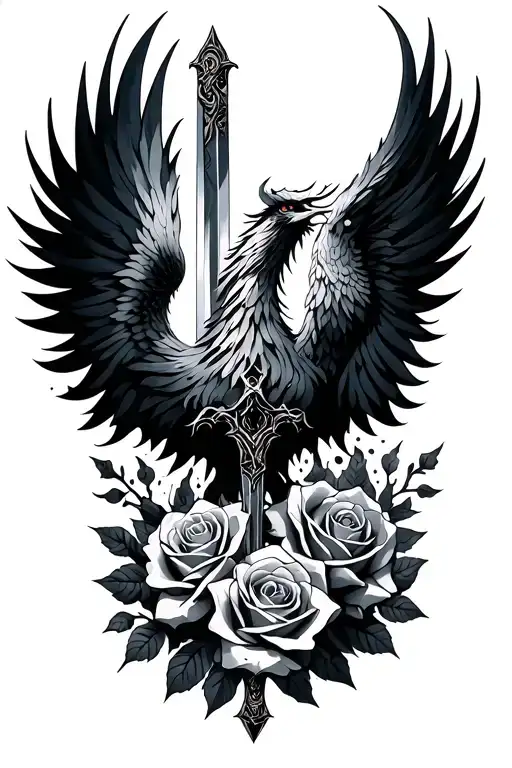 Minimalist Phoenix Rising With Sword And Roses Intertwined