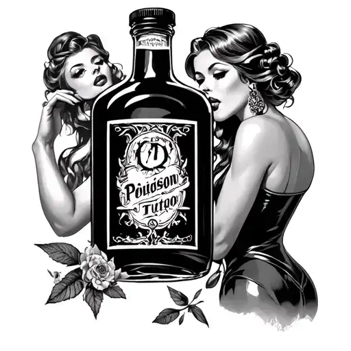 Black And Gray Realistic Pinup Girl Holding Bottle Poison