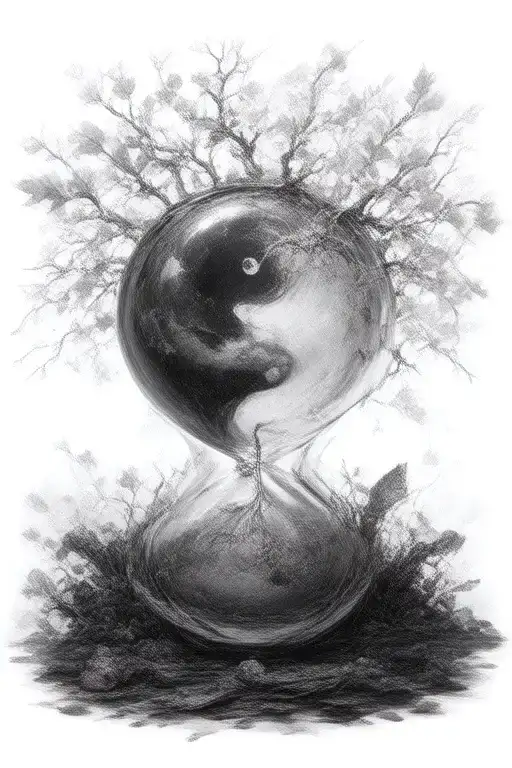 Defoliated Tree And Broken Sandless Hourglass Filled With No Leaves With Yin Yang