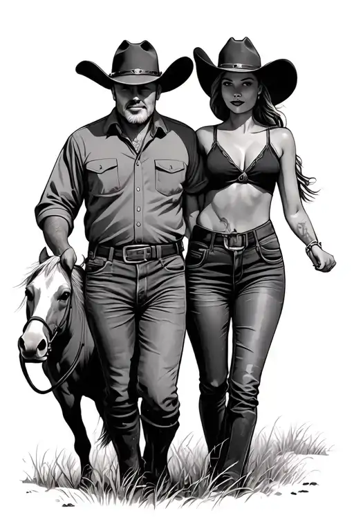 Cowgirl And Dad Walking