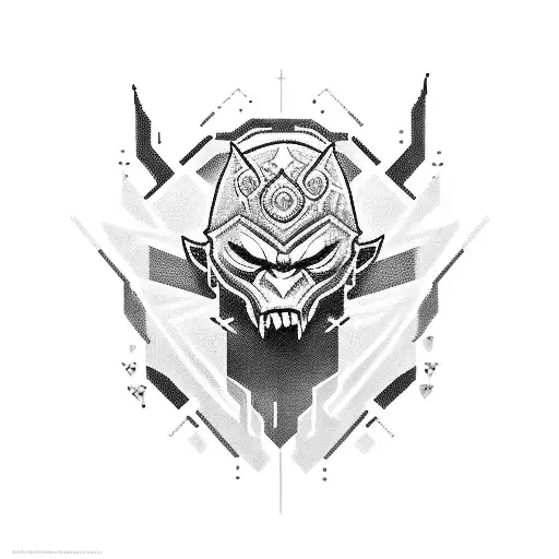 Design A Black-grey Tattoo Showcasing A Pixelated Oni Surrounded By Glitchy Sword Patterns