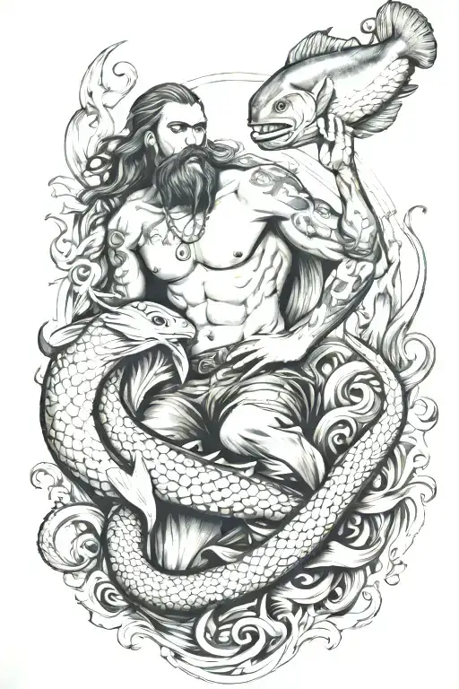 Fisherman With Mermaid With Octopus And Salmon