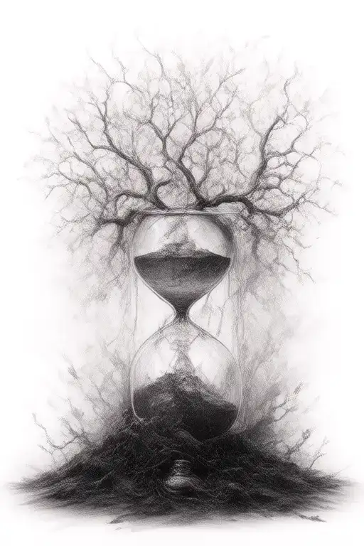 Defoliated Tree And Broken Sandless Hourglass Filled With No Leaves