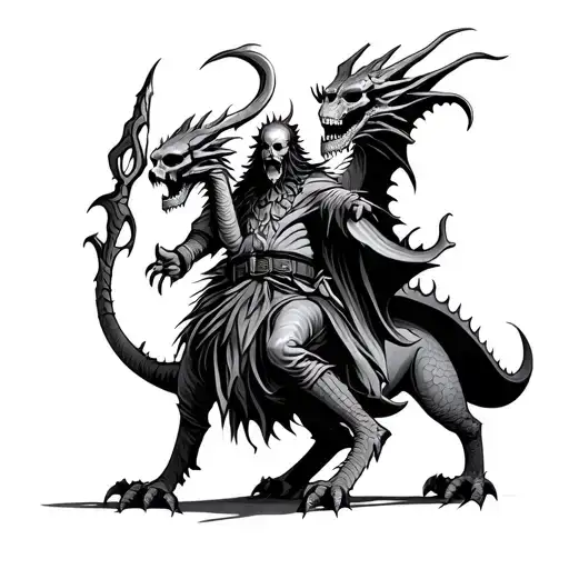 Wizzard Hold A Skull Staff Riding A Dragon