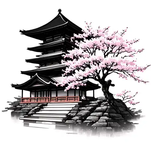 Japanese Temple With Cherry Blossom Tree