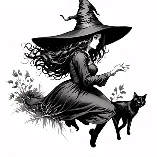 Witch Woman With Witch Hat Truning Into An Old Witch With Black Cat And Nature